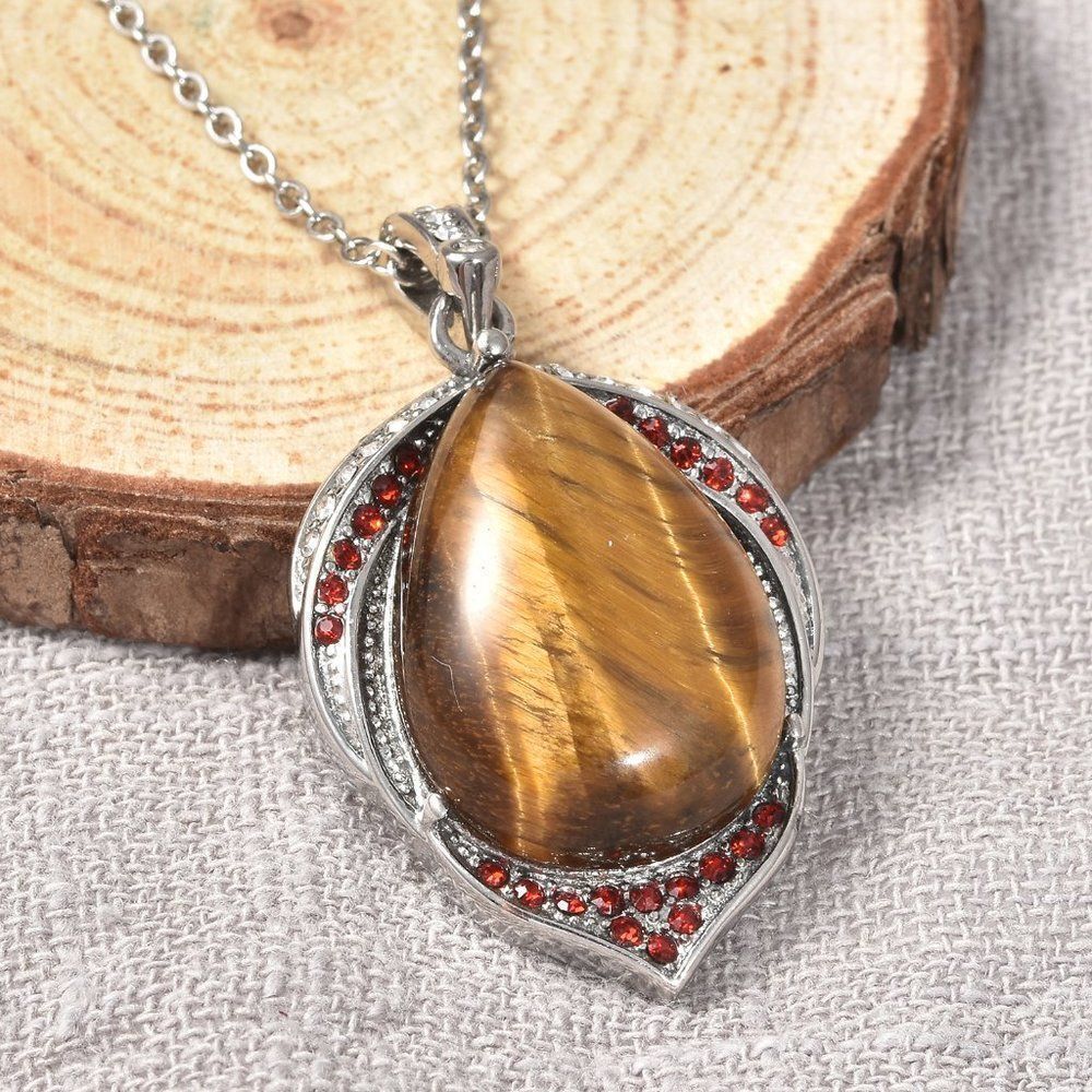 South African Tiger's Eye, White and Red Austrian Crystal Pendant Neckla…